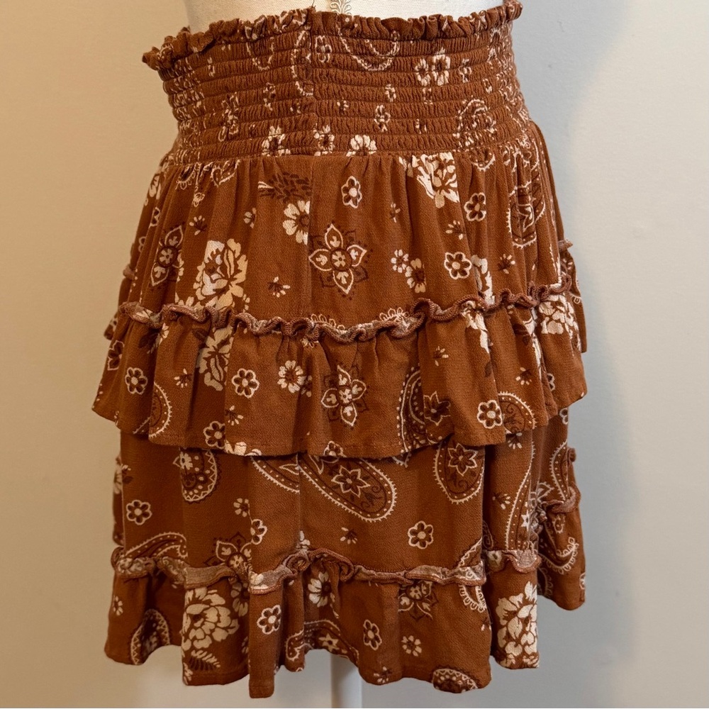 Aerie Brown Floral Paisley Tiered Ruffle Mini Skirt Size M - Picture 2 of 8